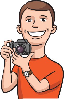 Gülen fotoğrafçı vektör Illustration. Kolay-kalite kaybı olmadan herhangi bir boyutta ölçeklendirilebilir katmanlı vektör Eps10 dosyasını düzenlemek. Yüksek çözünürlüklü raster Jpg dosya bulunur.