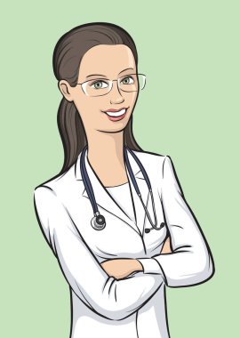 Gülen kadın doktor gözlük kolları olan vektör çizim geçti. Kolay-kalite kaybı olmadan herhangi bir boyutta ölçeklendirilebilir katmanlı vektör Eps10 dosyasını düzenlemek. Yüksek çözünürlüklü raster Jpg dosya bulunur. 