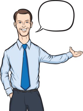 Ayakta işadamı konuşma balonu ile vektör Illustration. Kolay-kalite kaybı olmadan herhangi bir boyutta ölçeklendirilebilir katmanlı vektör Eps10 dosyasını düzenlemek. Yüksek çözünürlüklü raster Jpg dosya bulunur.