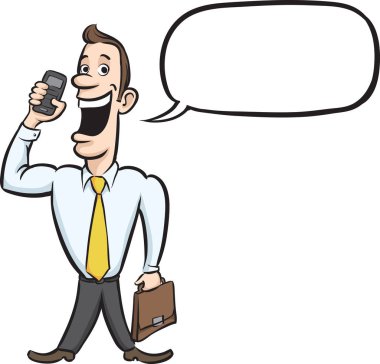 Vektör çizim karikatür mutlu işadamı ile cep telefonu ve evrak çantası. Kolay-kalite kaybı olmadan herhangi bir boyutta ölçeklendirilebilir katmanlı vektör Eps10 dosyasını düzenlemek. Yüksek çözünürlüklü raster Jpg dosya bulunur.