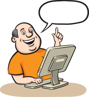 Vektör çizim karikatür şişman adam ile masaüstü bilgisayar. Kolay-kalite kaybı olmadan herhangi bir boyutta ölçeklendirilebilir katmanlı vektör Eps10 dosyasını düzenlemek. Yüksek çözünürlüklü raster Jpg dosya bulunur.
