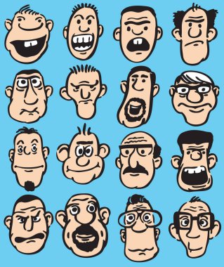Vektör çizim 16 büyük dizi doodle çeşitli yüz ifadeleri yüzleri. Kolay-kalite kaybı olmadan herhangi bir boyutta ölçeklendirilebilir katmanlı vektör Eps10 dosyasını düzenlemek. Yüksek çözünürlüklü raster Jpg dosya bulunur.