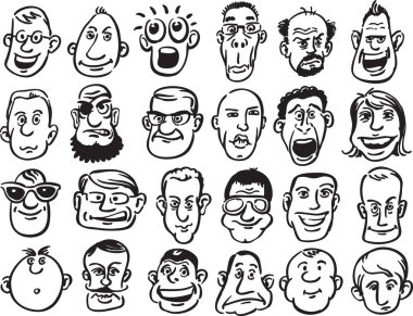 Vektör çizimi 24 karikatür yüzler: çeşitli yüz ifadesi. Kolay-kalite kaybı olmadan herhangi bir boyutta ölçeklendirilebilir katmanlı vektör Eps10 dosyasını düzenlemek. Yüksek çözünürlüklü raster Jpg dosya bulunur.
