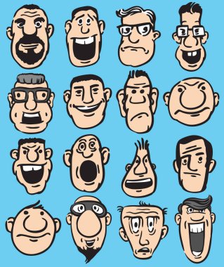 Vektör çizim büyük 16 komik dizi doodle çeşitli yüz ifadeleri yüzleri. Kolay-kalite kaybı olmadan herhangi bir boyutta ölçeklendirilebilir katmanlı vektör Eps10 dosyasını düzenlemek. Yüksek çözünürlüklü raster Jpg dosya bulunur.