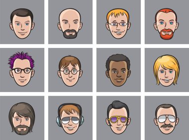 Vektör çizim karikatür avatar erkek yüzler. Kolay-kalite kaybı olmadan herhangi bir boyutta ölçeklendirilebilir katmanlı vektör Eps10 dosyasını düzenlemek. Yüksek çözünürlüklü raster Jpg dosya bulunur.