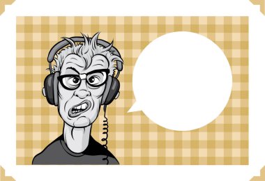 Greeting card with mad-geek in headphones clipart
