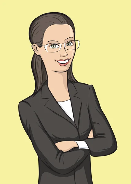 Ilustración Vectorial Mujer Negocios Sonriente Gafas Con Los Brazos Cruzados — Vector de stock