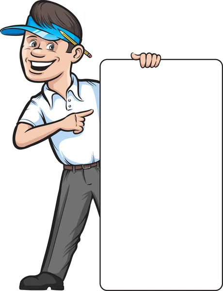 Vector Illustration Smiling Reporter Pointing Blank Placard Easy Edit Layered — Stock Vector