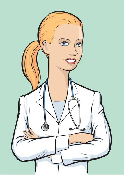 Illustration Vectorielle Une Femme Médecin Souriante Aux Bras Croisés Éditez — Image vectorielle