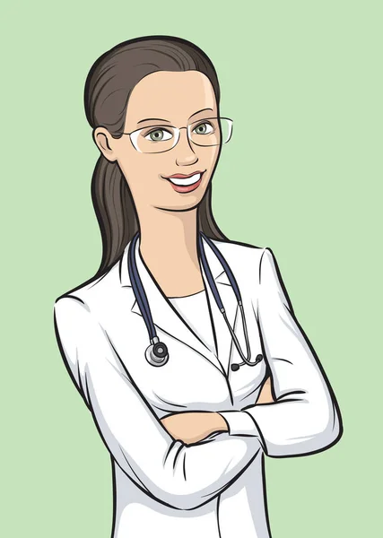 Vector Illustration Smiling Woman Doctor Glasses Arms Crossed Easy Edit — Stock Vector