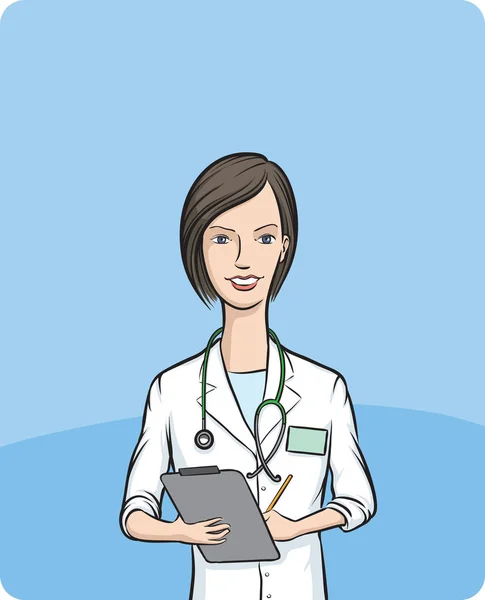 Illustration Vectorielle Une Femme Souriante Médecin Écrivant Sur Presse Papiers — Image vectorielle