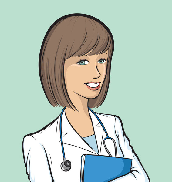 Vector illustration of Smiling woman doctor with papers. Easy-edit layered vector EPS10 file scalable to any size without quality loss. High resolution raster JPG file is included. 