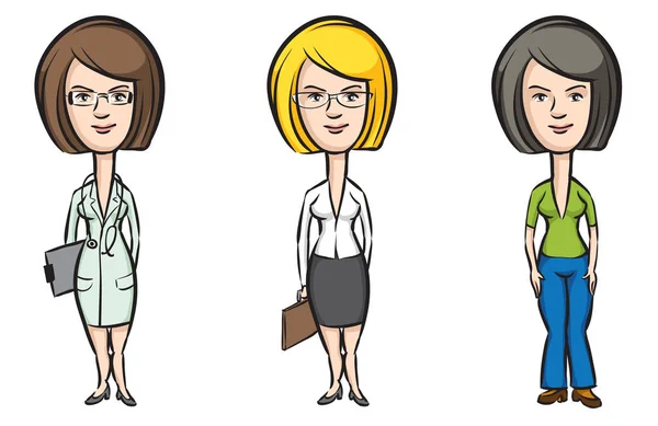 Ilustração Vetorial Três Mulheres Dos Desenhos Animados Profissionais Médico Secretário — Vetor de Stock
