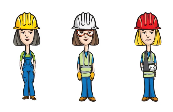 Vectorillustratie Van Drie Cartoon Vrouwelijke Werknemers Met Hardhats Eenvoudig Bewerken — Stockvector
