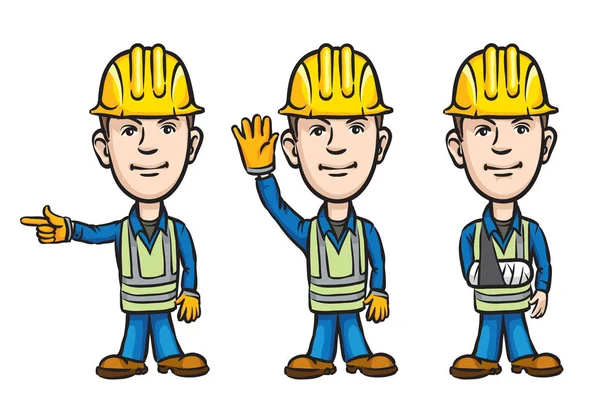 Illustrazione Vettoriale Tre Lavoratori Dei Cartoni Animati Che Puntano Agitando — Vettoriale Stock