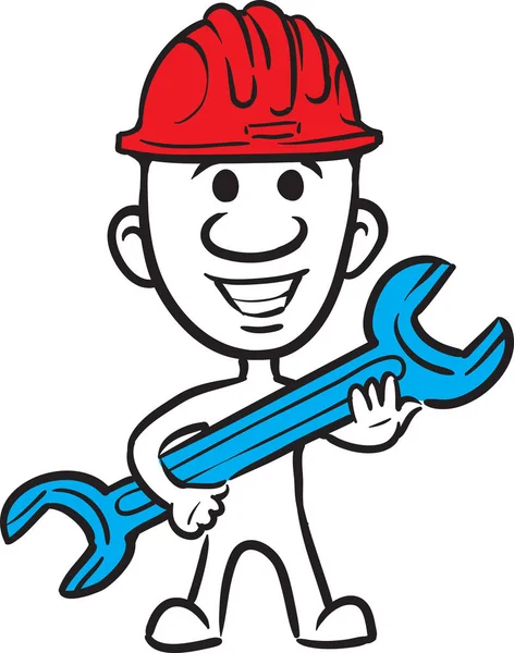 Illustration Vectorielle Dessin Animé Gribouille Petite Personne Hardhat Avec Clé — Image vectorielle