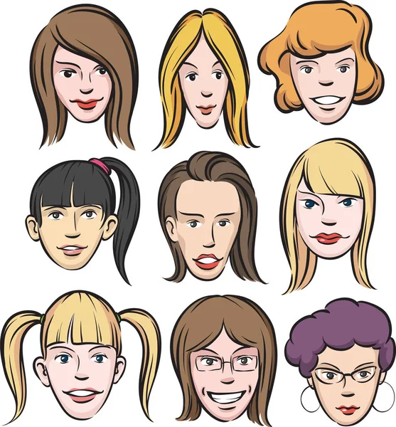 Illustration Vectorielle Des Visages Des Femmes Heureuses Éditez Facilement Fichier — Image vectorielle