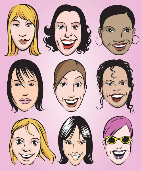 Vector Illustration Smiling Women Faces Easy Edit Layered Vector Eps10 — Stock Vector
