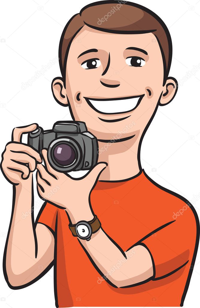 Vector illustration of Smiling photographer. Easy-edit layered vector EPS10 file scalable to any size without quality loss. High resolution raster JPG file is included.