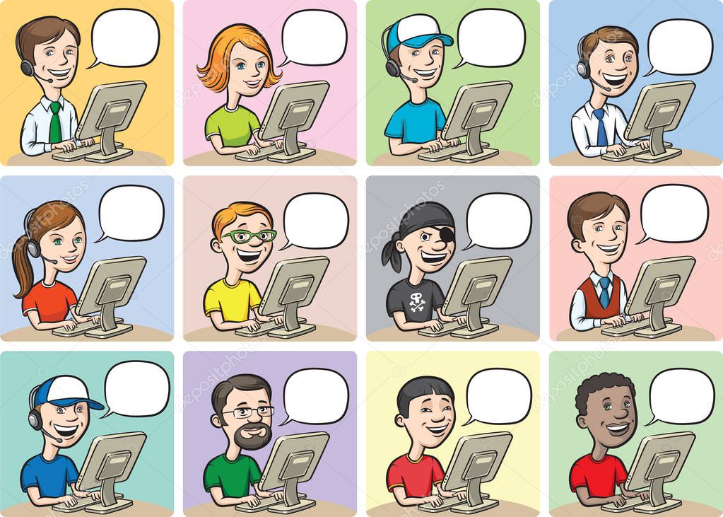 Vector illustration of cartoon people and computers - big collection. Easy-edit layered vector EPS10 file scalable to any size without quality loss. High resolution raster JPG file is included.