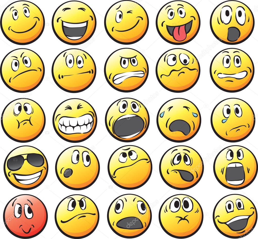 Vector illustration of smilies in various facial expressions. Easy-edit layered vector EPS10 file scalable to any size without quality loss. High resolution raster JPG file is included.