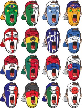 Futbol fanatiği vektör çizim çeşitli ülkelerden gelen yüzler. Kolay-kalite kaybı olmadan herhangi bir boyutta ölçeklendirilebilir katmanlı vektör Eps10 dosyasını düzenlemek. Yüksek çözünürlüklü raster Jpg dosya bulunur. 