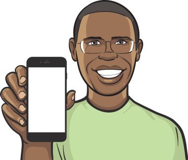 gözlüklü bir mobil uygulaması bir akıllı telefon üzerinde gösterilen siyah adam