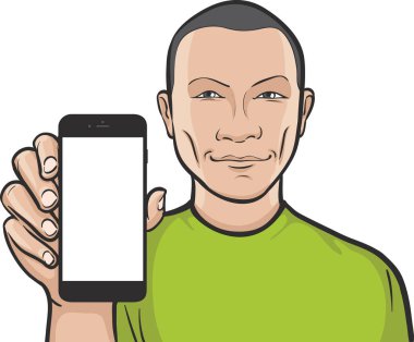 bir mobil uygulaması gösterilen bir akıllı telefon kısa saçlı adam