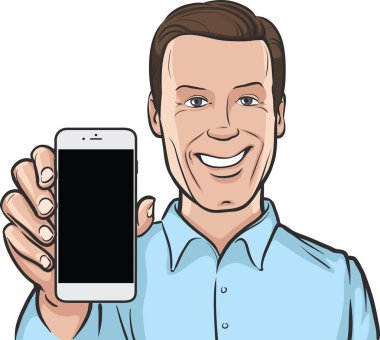 gülümseyen adam bir mobil uygulaması bir akıllı telefon üzerinde gösterilen