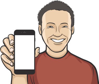 bir mobil uygulaması bir akıllı telefon gösteren Asyalı adam gülümseyen