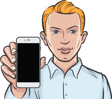 Genç adam bir mobil uygulaması bir akıllı telefon üzerinde gösterilen