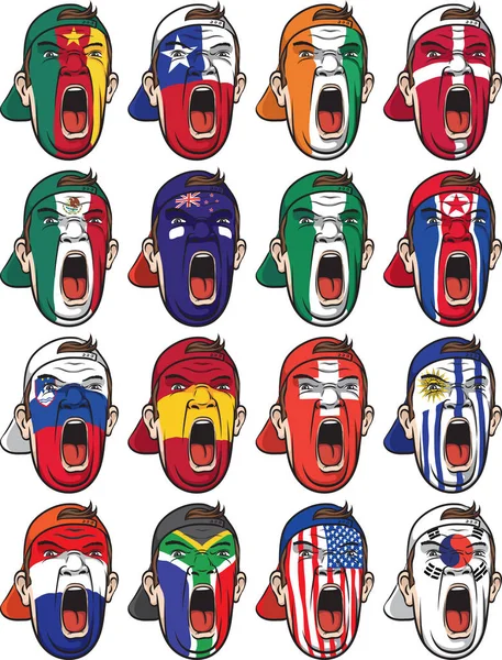 Ilustración Vectorial Caras Aficionados Fútbol Varios Países Fácil Editar Capas — Archivo Imágenes Vectoriales