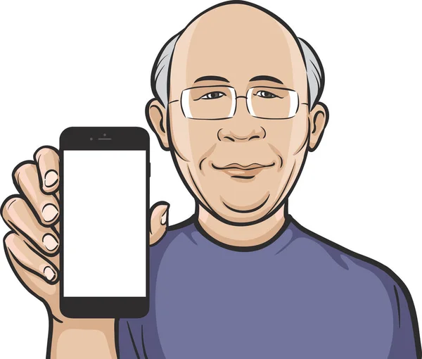 Лысый Китаец Показывает Мобильное Приложение Смартфоне — стоковый вектор
