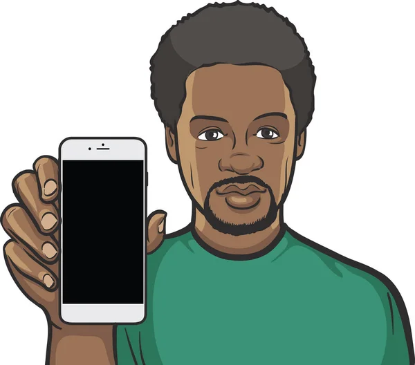 Fekete Férfi Mutatja Mobil App Egy Okos Telefon — Stock Vector