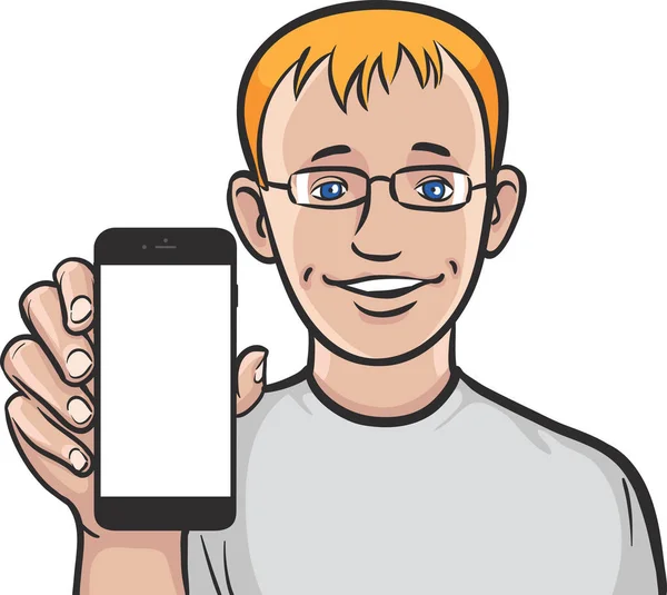 Blue Eyed Człowiek Wyświetlono Aplikacja Mobilna Smartfonie — Wektor stockowy
