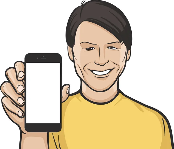 Szczęśliwy Człowiek Azjatka Pokazuje Aplikacji Mobilnej Smartfonie — Wektor stockowy