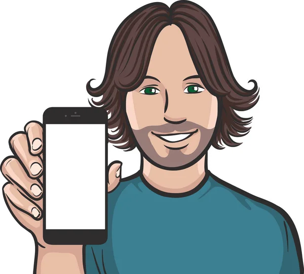 Langhaariger Kerl Zeigt Eine Handy App Auf Dem Smartphone — Stockvektor