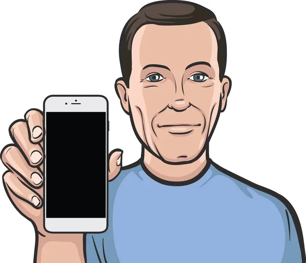 Mann Zeigt Handy App Auf Dem Smartphone — Stockvektor