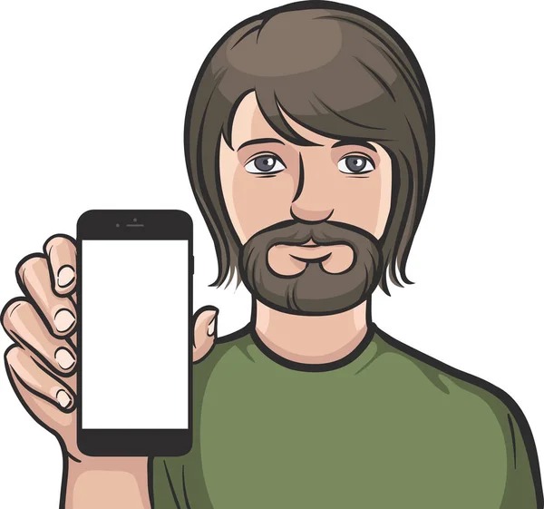 Muž Plnovousem Ukazuje Mobilní Aplikace Chytrý Telefon — Stockový vektor