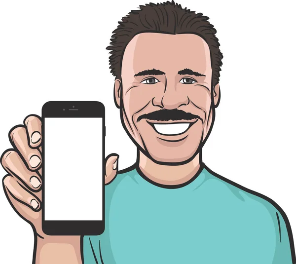 Мексиканский Мужчина Показывает Мобильное Приложение Смартфоне — стоковый вектор