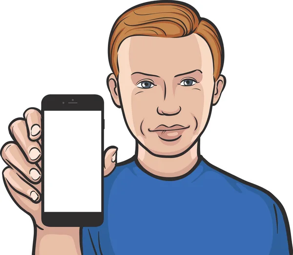 Bir Mobil Uygulaması Bir Akıllı Telefon Üzerinde Gösterilen Ciddi Adam — Stok Vektör