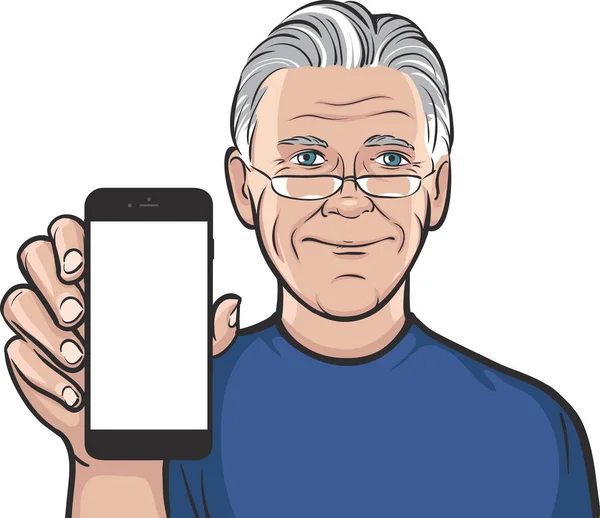 Senior Mit Brille Zeigt Eine Handy App Auf Dem Smartphone — Stockvektor