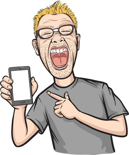 Crier Homme Montrant Une Application Mobile Sur Téléphone Intelligent — Image vectorielle