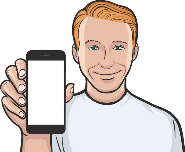 Genç Adam Bir Mobil Uygulaması Bir Akıllı Telefon Üzerinde Gösterilen — Stok Vektör