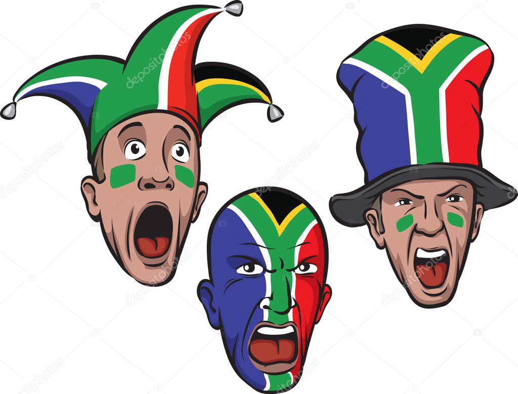 Vector illustration of football fans from South Africa. Easy-edit layered vector EPS10 file scalable to any size without quality loss. High resolution raster JPG file is included. 