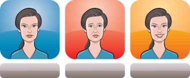 Vektör Illustration üç ifade güzel kadın yüzüne: bağımsız, üzgün ve mutlu - baş ve omuzlar kompozisyon. Katmanlı vektör Eps10 biçim dosyası.