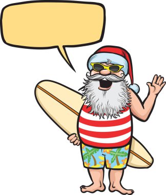 Santa ayakta surfboard ile vektör Illustration. Kolay-kalite kaybı olmadan herhangi bir boyutta ölçeklendirilebilir katmanlı vektör Eps10 dosyasını düzenlemek. Yüksek çözünürlüklü raster Jpg dosya bulunur. 