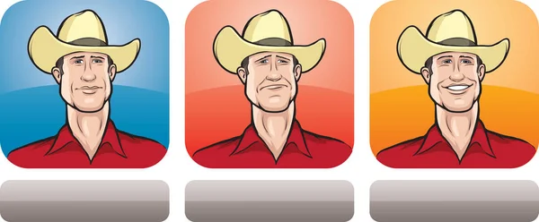 Vector Illustration Cowboy Face Three Expressions Neutral Sad Happy Head — Stock Vector