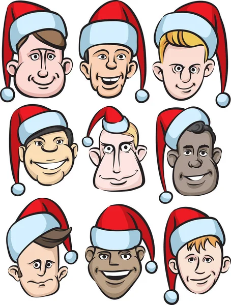 Ilustração Vetorial Caras Homens Engraçados Chapéus Papai Noel Fácil Edição — Vetor de Stock