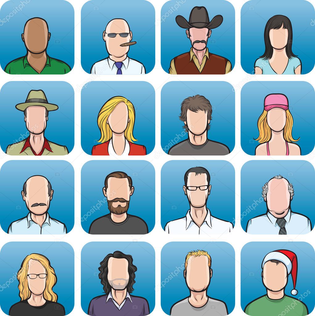 Vector illustration of big collection of  anonymous faces - head and shoulders composition. Easy-edit layered vector EPS10 file scalable to any size without quality loss. High resolution raster JPG file is included.